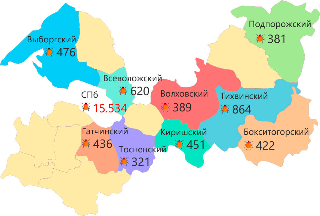 Карта обращений после укусов клещей Санкт-Петербург и Ленобласть 2018